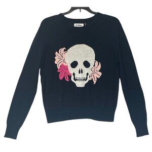 27 Miles Malibu Black White Skull Cashmere Cotton Crew Neck Sweater Pullover